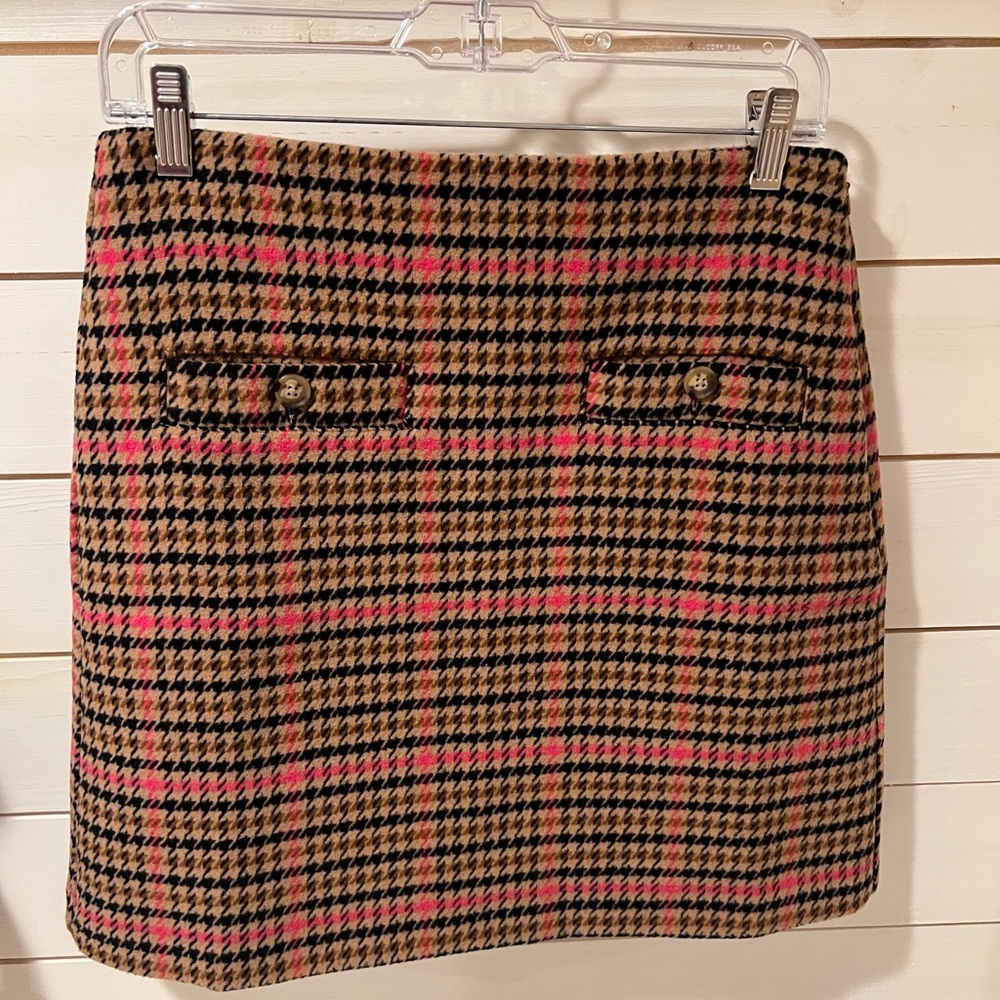 NWT LOFT perfect camel plaid houndstooth wool blend welt pocket skirt, size 2